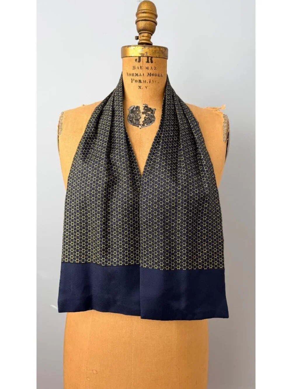 Hermès Navy & Gold Silk Scarf Ascot Tie With Geometric Equestrian Pattern France